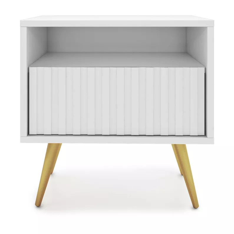 Table de chevet Bello avec un tiroir à façade à lamelles, blanc avec pieds dorés