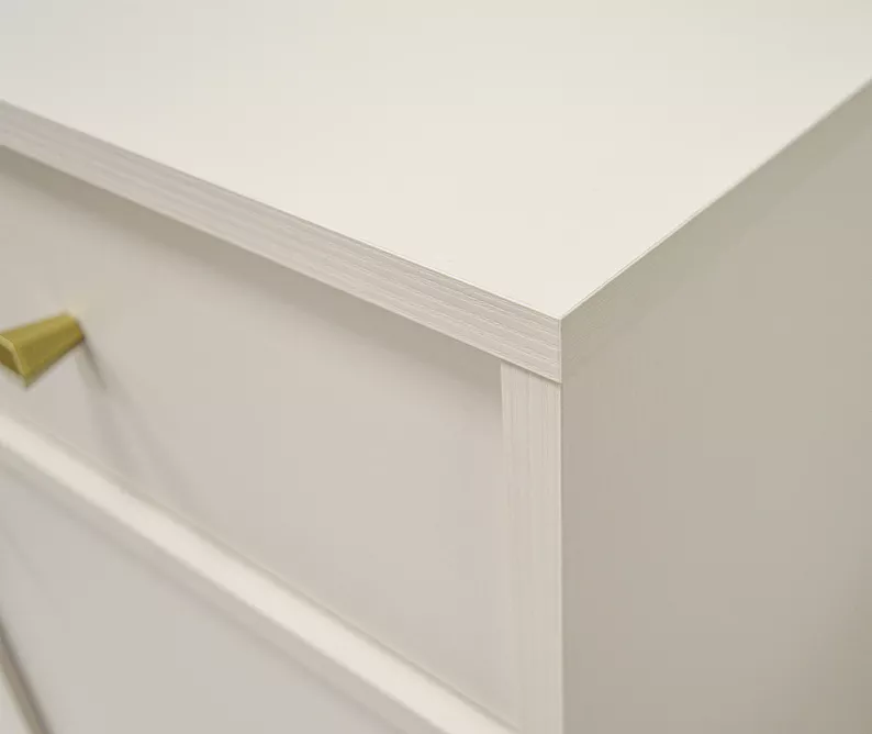 Stolik kawowy Oktio z szufladą i półkami 100 cm beż piaskowy na złotych nogach