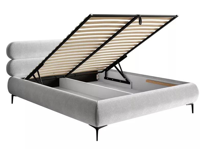 Łóżko tapicerowane 180x200 cm Roule z pojemnikiem stelaż metalowy jasnoszare welur hydrofobowy nóżki czarne