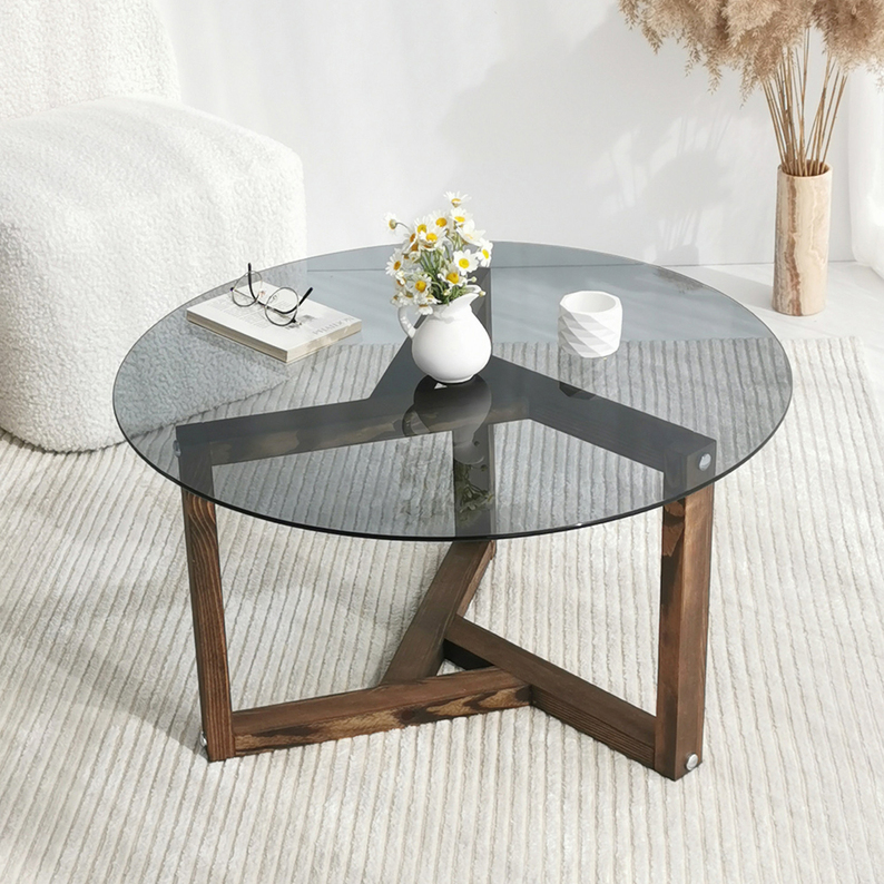Table basse Mirot en verre sur socle en bois, diamètre 75 cm