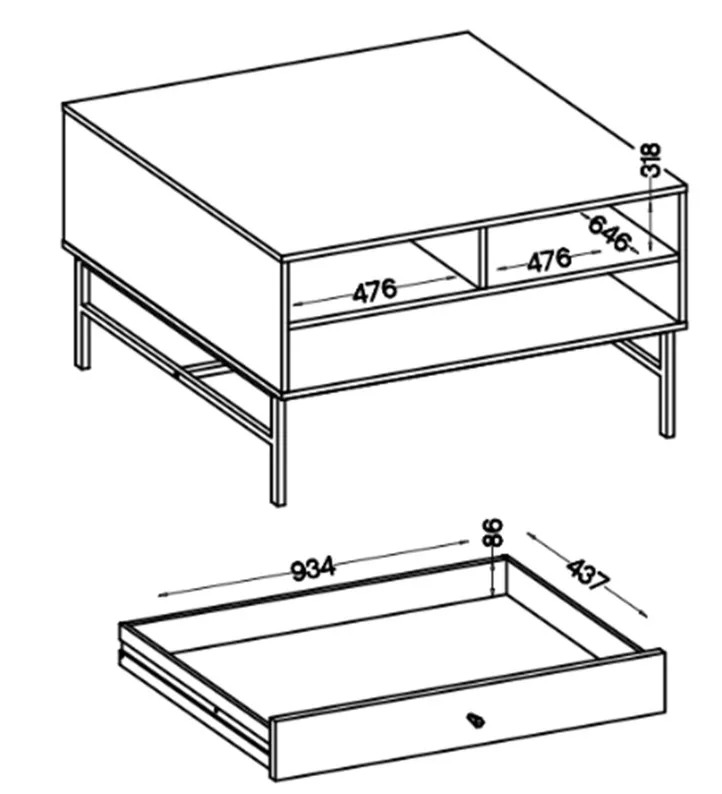 Stolik kawowy Oktio z szufladą i półkami 100 cm beż piaskowy na złotych nogach