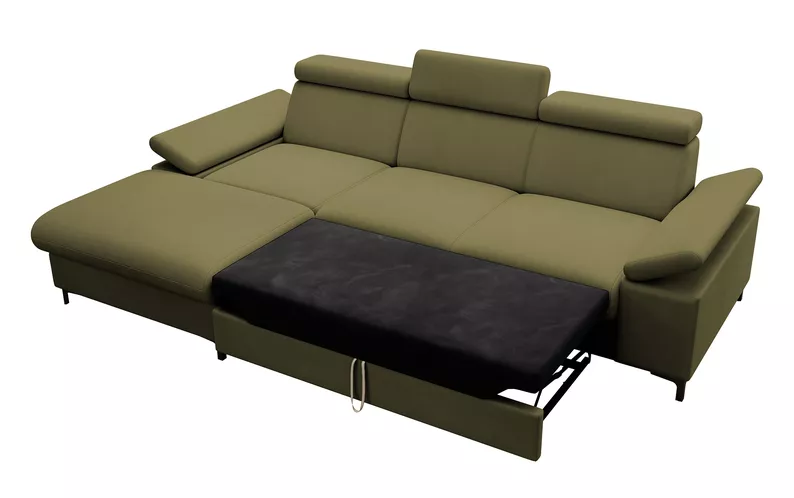 MILLEFOLIUM L-forme Canapé d'angle convertible avec fonction lit avec coffre de rangement velours hydrofuge olive gauche