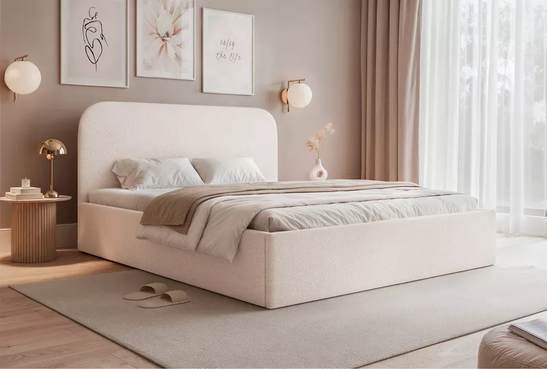 Łóżko tapicerowane 140x200 cm Sonvivo z pojemnikiem na pościel kremowe szenil stelaż metalowy