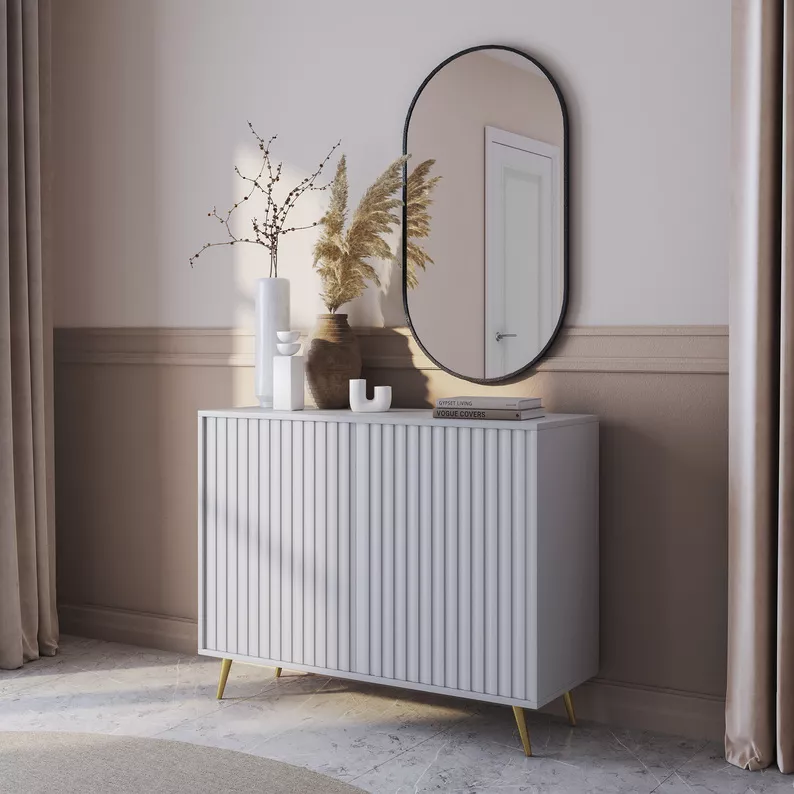 Commode Bello avec façades à lamelles 104 cm blanc avec pieds dorés