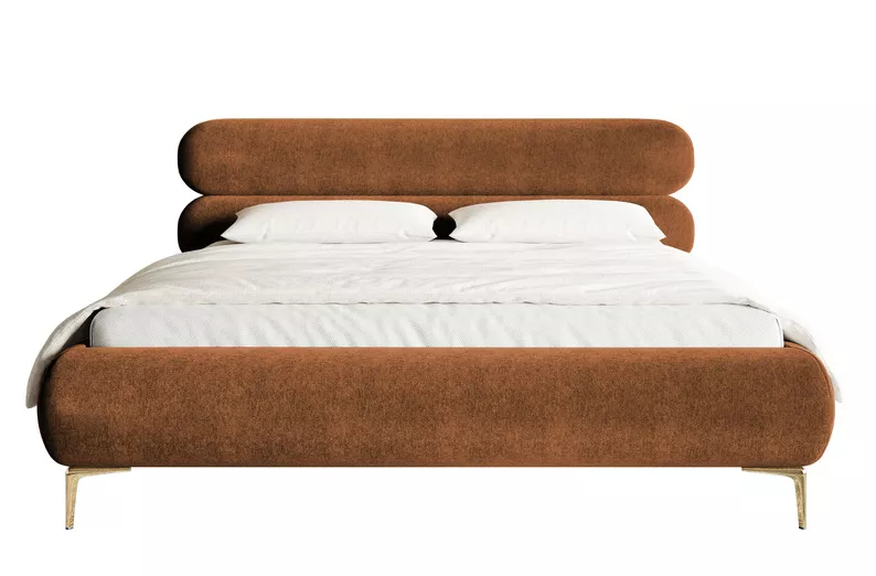 Łóżko tapicerowane 140x200 cm Roule z pojemnikiem stelaż metalowy miedziane welur hydrofobowy nóżki złote