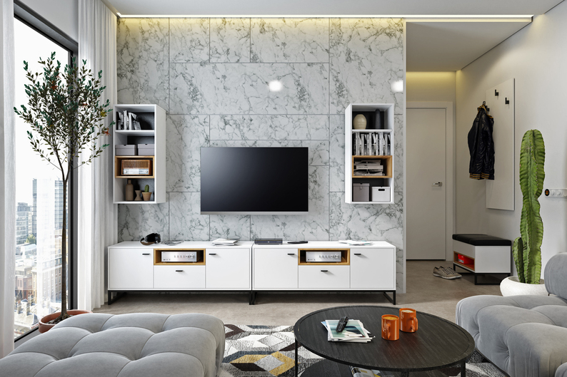 Meuble TV Bonila, 135 cm, avec un tiroir, blanc / chêne artisanal