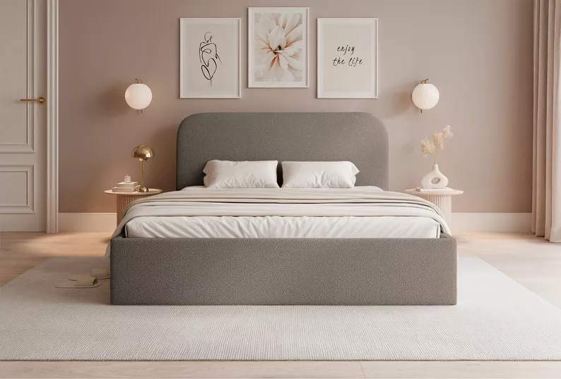 Łóżko tapicerowane 160x200 cm Sonvivo z pojemnikiem na pościel jasnobrązowe szenil stelaż metalowy