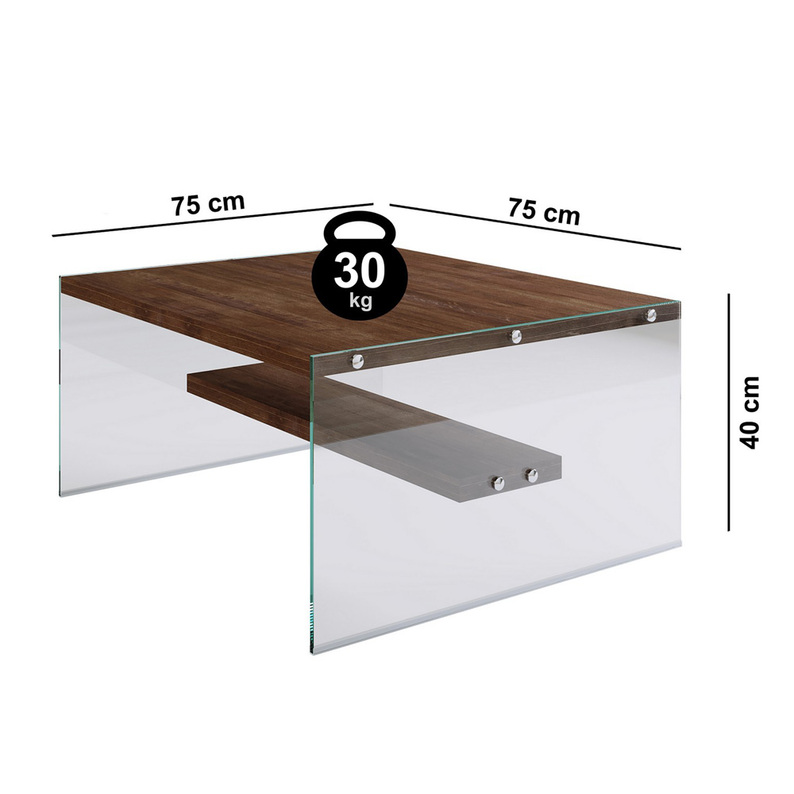 GERPANS Table basse en verre en noyer 75x75 cm