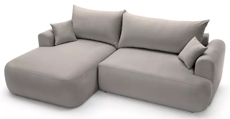 Jasnoszary narożnik Ovo lewostronny z funkcją spania i pojemnikiem na pościel.