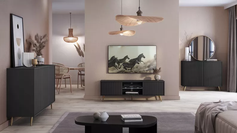 Commode Bello avec façades à lamelles 154 cm noir avec pieds dorés