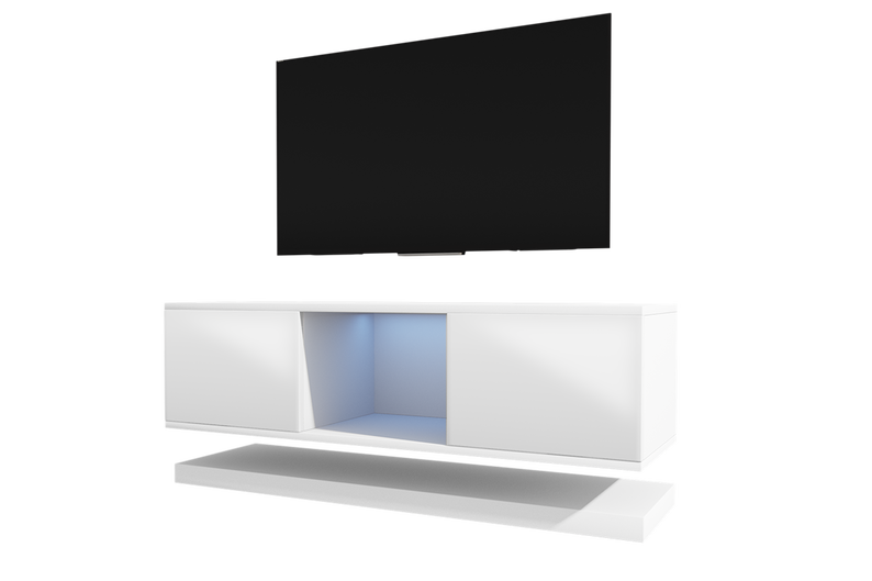 WIZZARDIN Meuble TV 140 cm suspendu style moderne Blanc mat / Blanc brillant