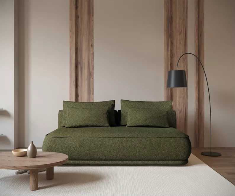 Kanapa rozkładana trzyosobowa Leanno z pojemnikiem oliwkowa boucle