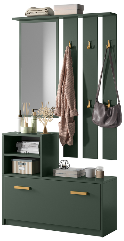 Ensemble d'entrée Yesfir vert bouteille avec miroir, cintres, étagères et meuble à chaussures