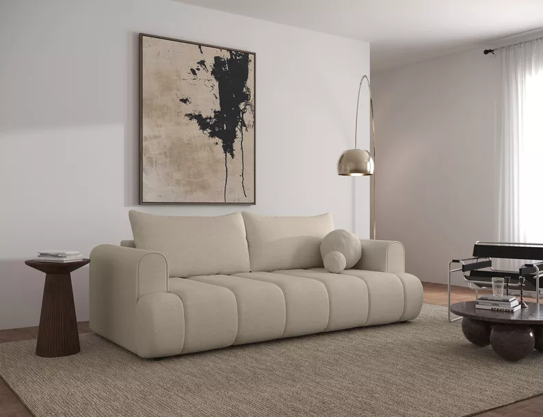 Kanapa trzyosobowa Dandelino z funkcją spania jasnobeżowy szenil hydrofobowy