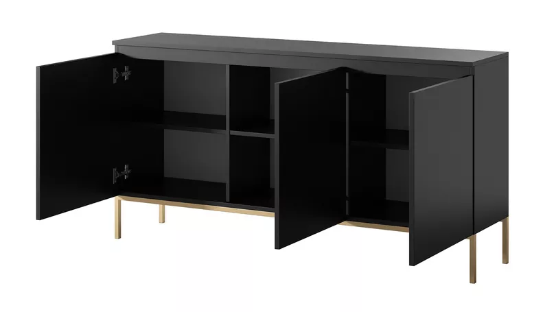 Commode à trois portes Bemmi 150 cm noire avec pieds dorés