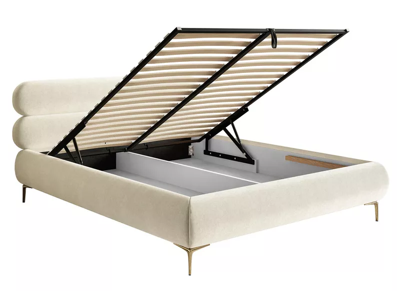 Łóżko tapicerowane 140x200 cm Roule z pojemnikiem stelaż metalowy kremowe welur hydrofobowy nóżki złote