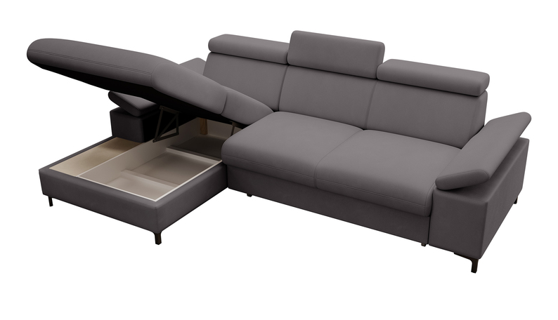 MILLEFOLIUM L-forme Canapé d'angle convertible avec fonction lit avec coffre de rangement velours hydrofuge gris foncé gauche