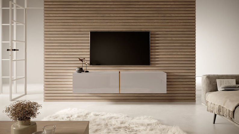 Meuble TV Bisira 140 cm beige avec un insert doré