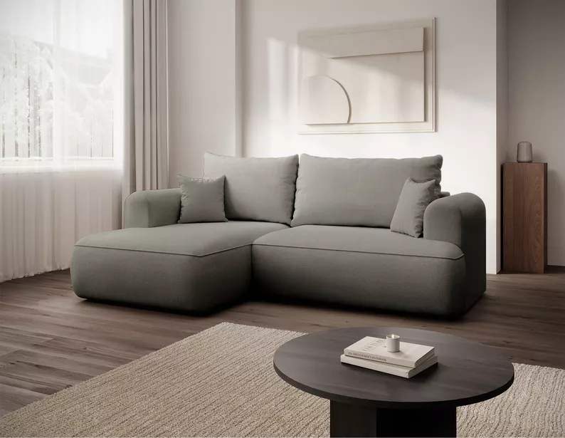 Jasnoszary narożnik Ovo mini L-kształtny z funkcją spania i pojemnikiem na pościel.