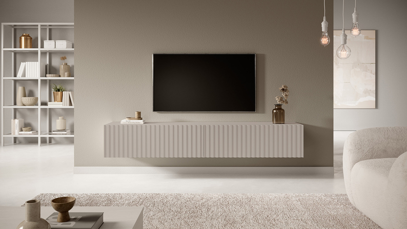 Meuble TV Telire 175 cm Gris beige avec façade lamellaire