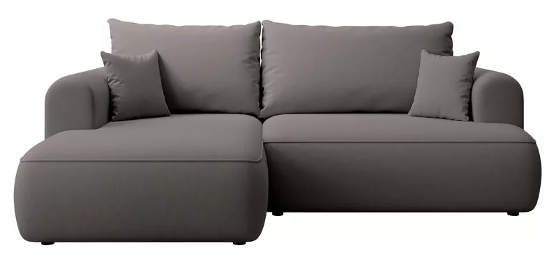 Ciemnoszary narożnik Ovo mini lewostronny z funkcją spania i pojemnikiem na pościel.