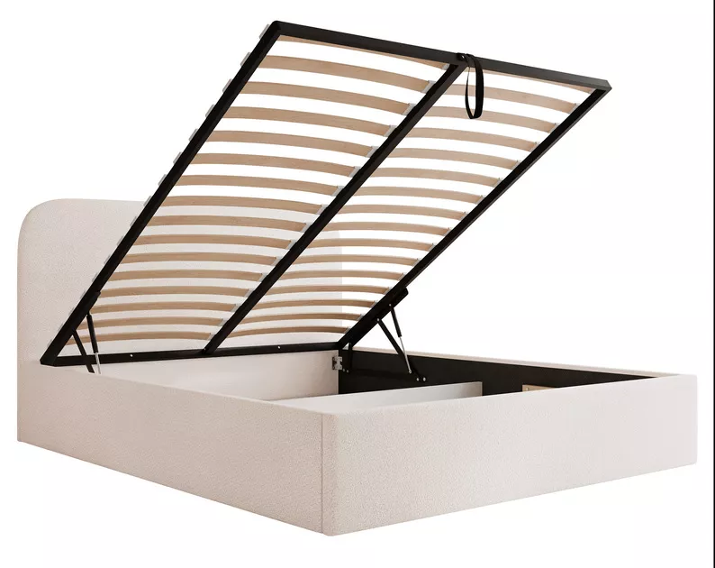 Łóżko tapicerowane 140x200 cm Sonvivo z pojemnikiem na pościel kremowe szenil stelaż metalowy