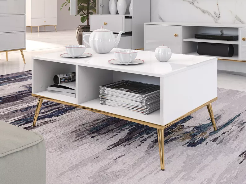 Table basse Darrby 90x60 cm blanc/blanc brillant avec pieds dorés