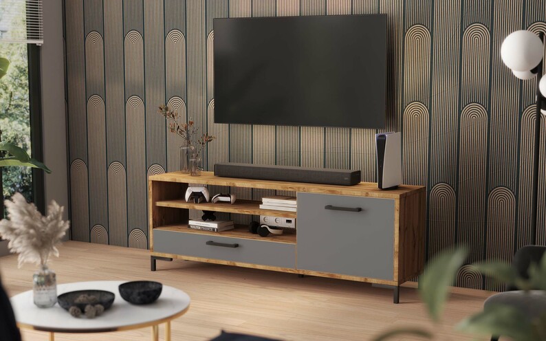 Meuble TV Cascate 139 cm Chêne lancaster / gris mat