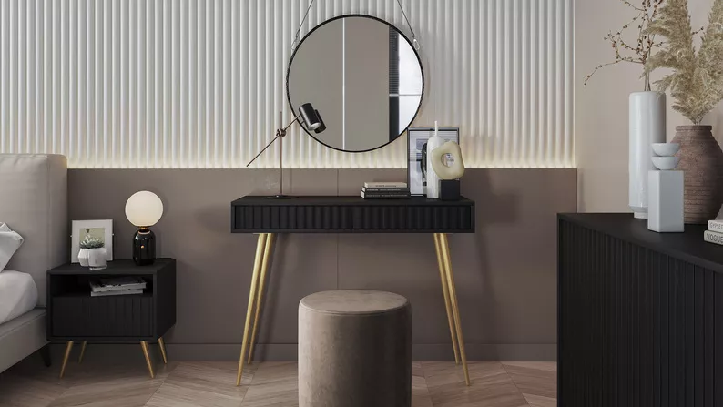 Coiffeuse Bello 104 cm noire avec pieds dorés