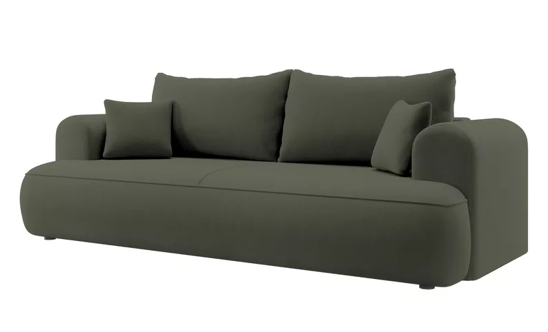 Kanapa rozkładana trzyosobowa Ovo z pojemnikiem oliwkowa welur w tkaninie łatwoczyszczącej