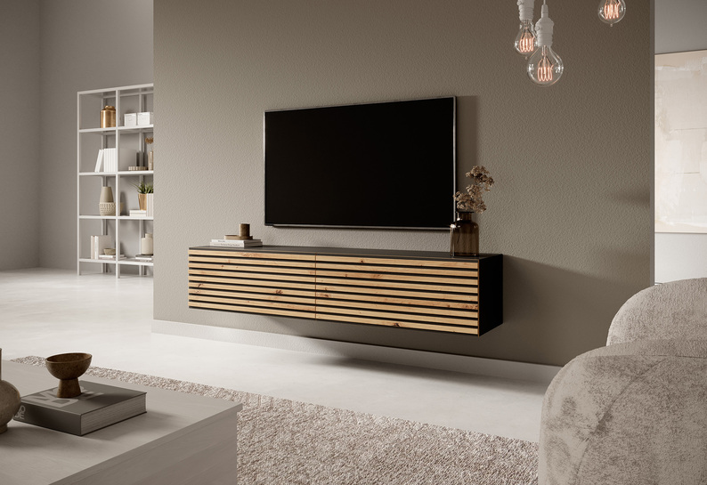 PAVAS Meuble TV 140 cm graphite avec façade à lamelles en chêne artisanal et inserts graphite