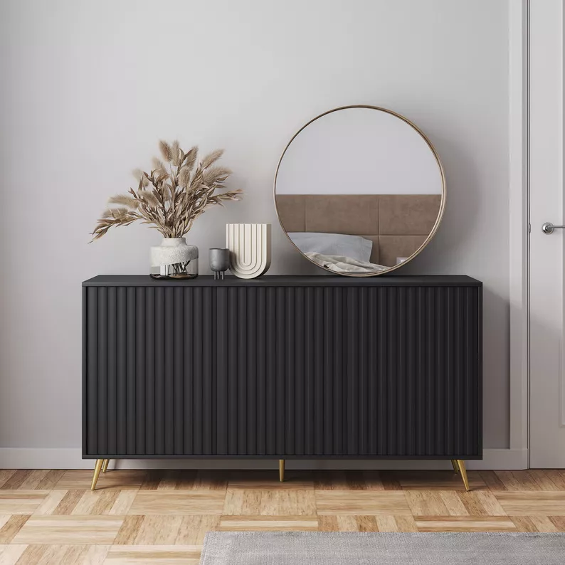 Commode Bello avec façades à lamelles 154 cm noir avec pieds dorés