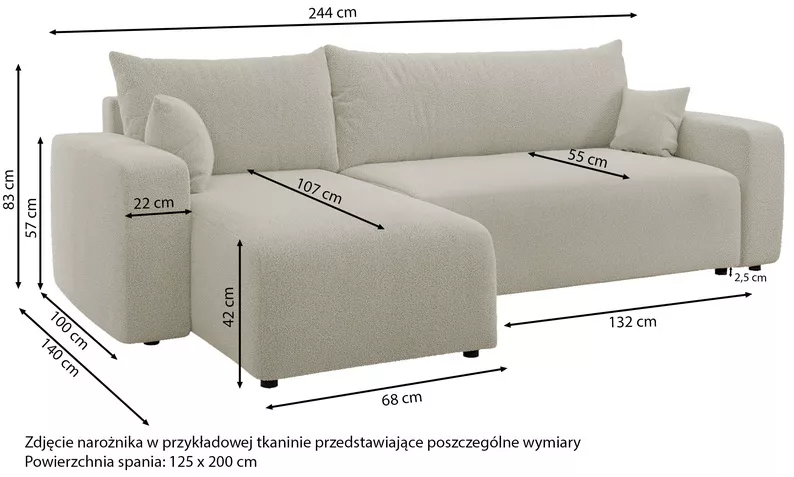 Narożnik z funkcją spania Pianoni L-kształtny uniwersalny z pojemnikiem jasnoszary boucle