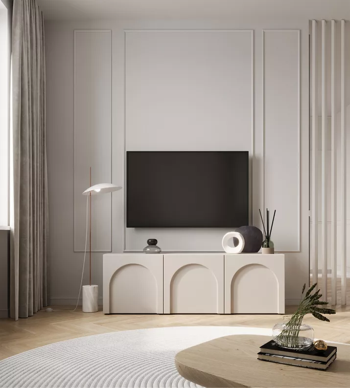 Szafka RTV Arkadia trzydrzwiowa z frezowanymi frontami 150 cm kaszmir