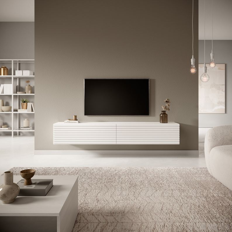 Meuble TV Pavas 175 cm Blanc avec façade lamellaire