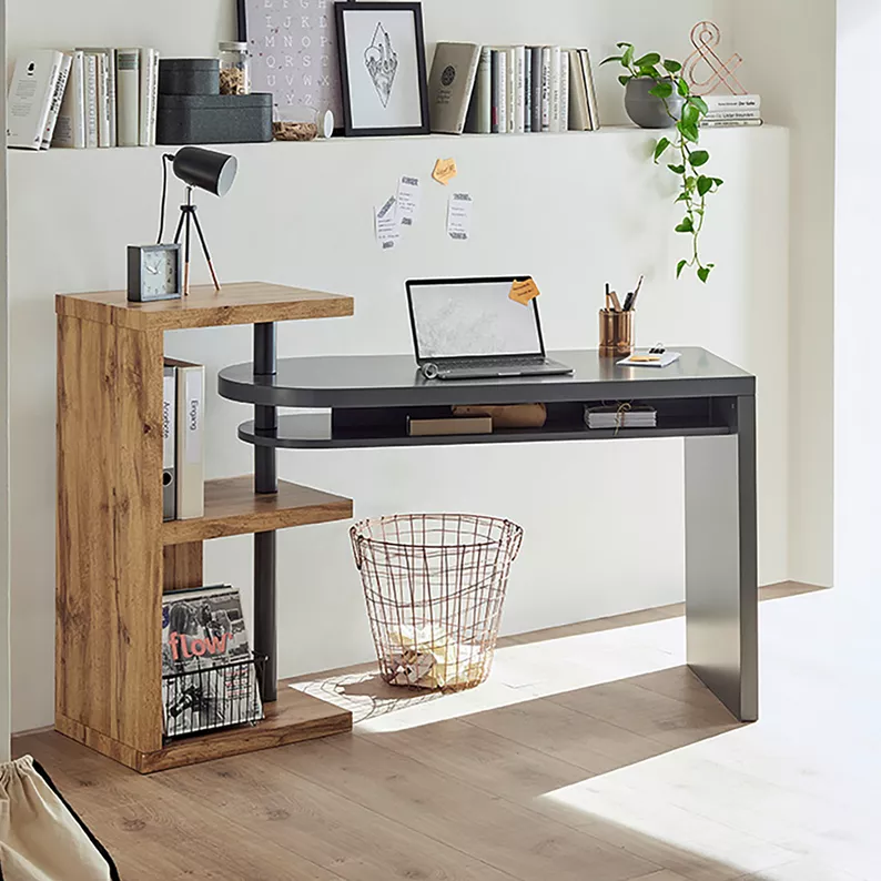 Bureau d'ordinateur Pezzotti, 145 x 50 cm, avec plateau mobile, gris et chêne