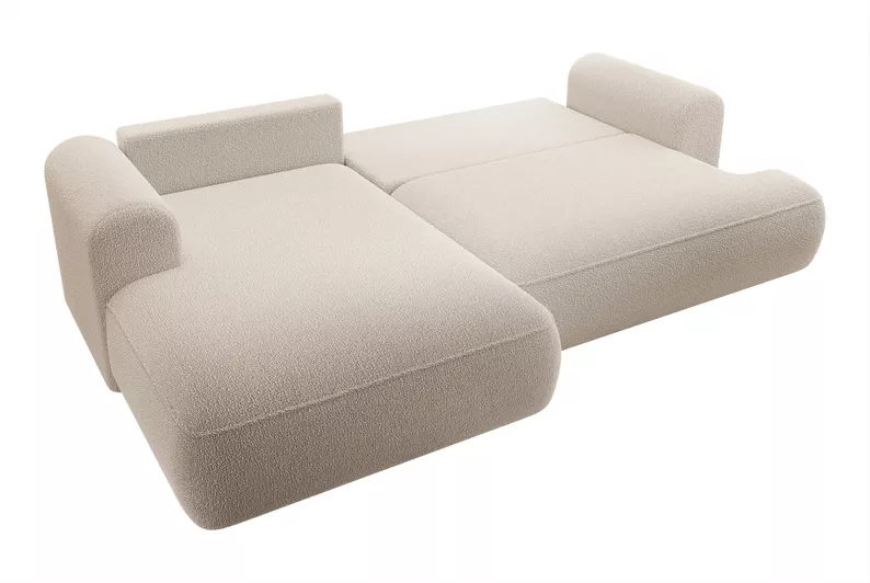 Canapé-lit d'angle Ovo en L beige avec un conteneur bouclé à gauche