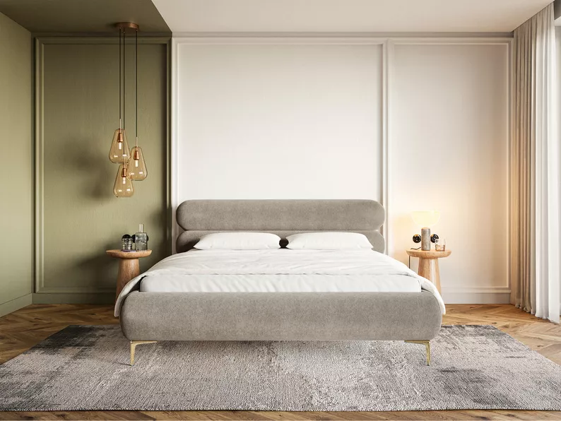 Łóżko tapicerowane 180x200 cm Roule z pojemnikiem stelaż metalowy szarobeżowe welur hydrofobowy nóżki złote