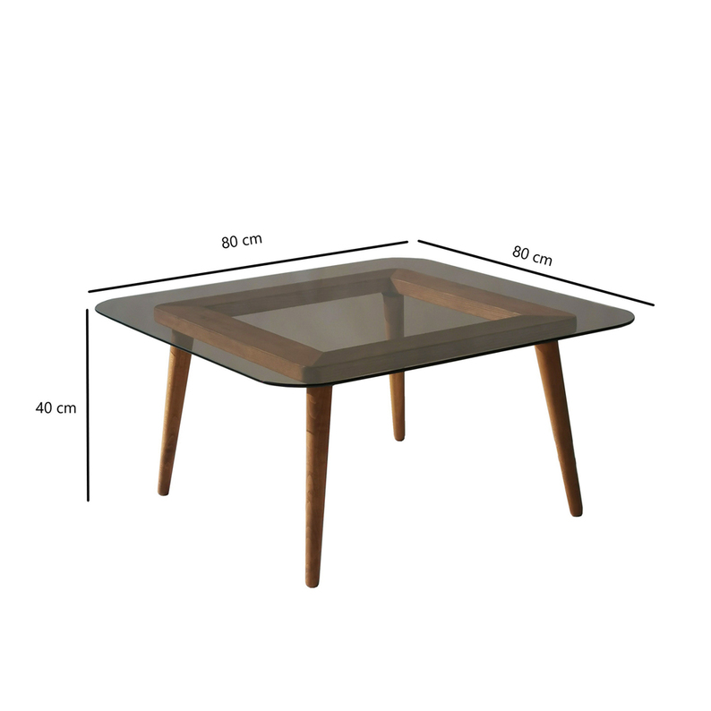 Table basse Smirra en verre sur socle en bois 80x80 cm