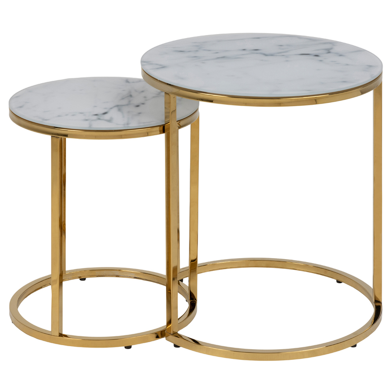 PERQY Ensemble de tables rondes en verre blanc avec un cadre doré