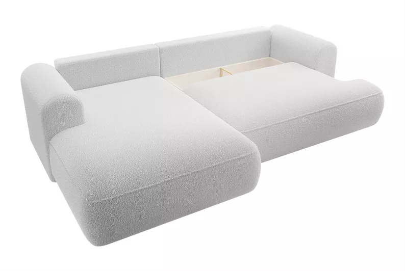 Canapé d'angle avec fonction de couchage Ovo en forme de L gris avec un conteneur bouclé à gauche