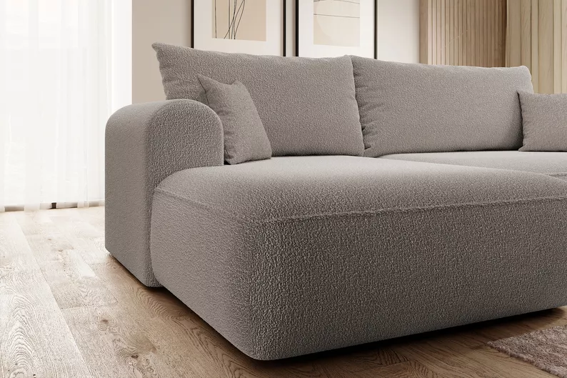  Canapé-lit d'angle Ovo en L beige foncé avec conteneur bouclé à gauche