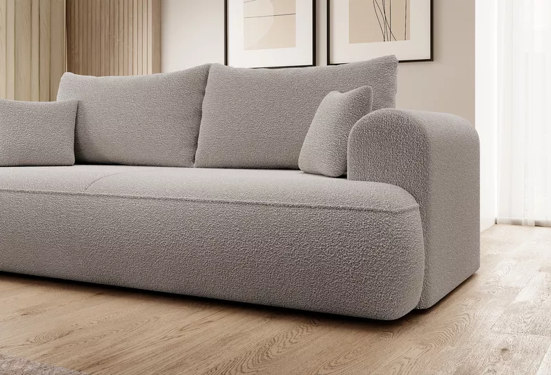 Kanapa rozkładana trzyosobowa Ovo z pojemnikiem ciemnobeżowa boucle