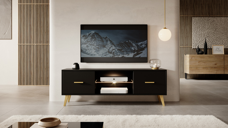Meuble TV Savoni I 140 cm noir avec pieds et poignées dorés