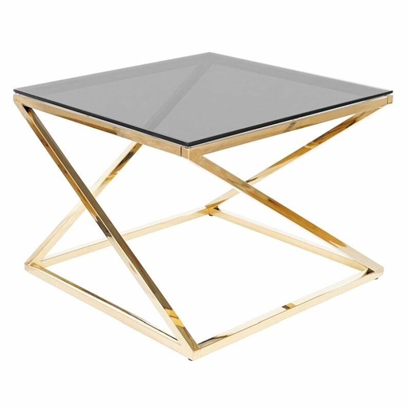 Table basse Carmeri dorée 60x60 cm avec plateau en verre