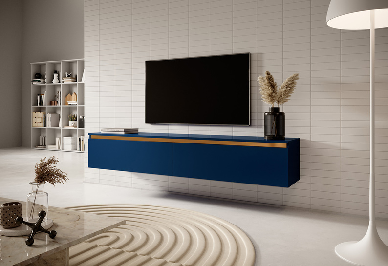 SENEY Meuble TV 175 cm bleu marine avec garniture dorée