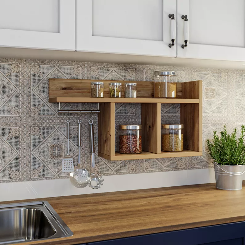 Étagère murale Paires pour cuisine avec crochets en pin