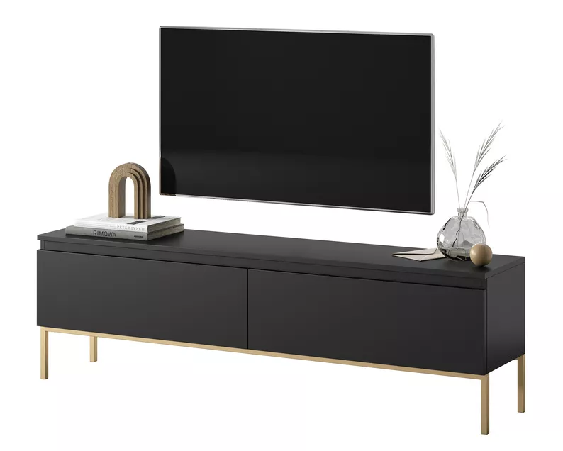 Meuble TV Moderne 100 Cm – Noir Mat Et Brillant, Pieds Dorés, Avec étagère Et Porte