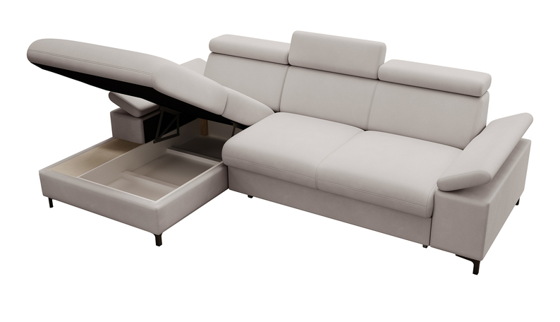 MILLEFOLIUM L-forme Canapé d'angle convertible avec fonction lit avec coffre de rangement velours hydrofuge gris clair gauche
