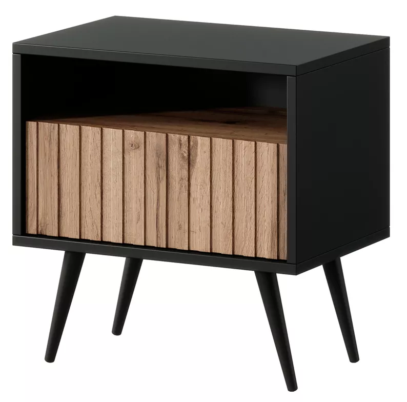Table de chevet Bello avec un tiroir à façade à lamelles, noir / chêne wotan